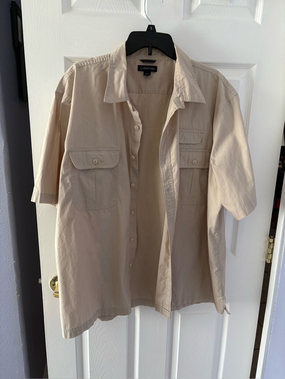 Lands' End Men's Short-Sleeve Shirt Jacket in Light Beige